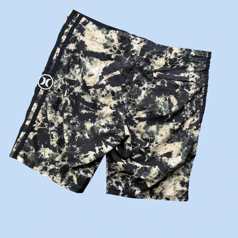 Hurley Board Shorts L Men 36 Black Tan Tie Dye Acid Wash Swim Trunks Surf Pocket
